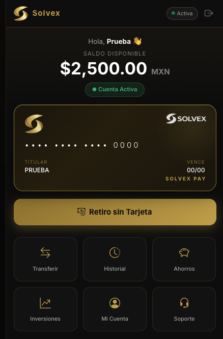 Vista de la tarjeta Solvex dentro de la plataforma digital